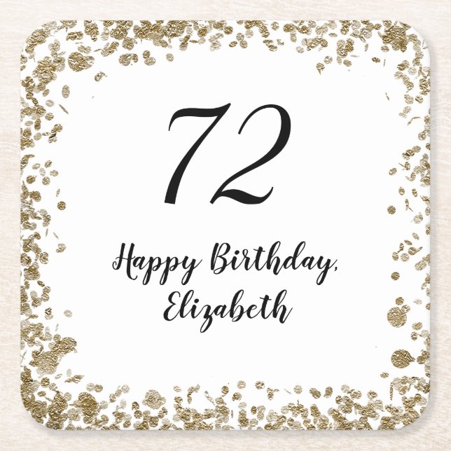 Elegant 72nd Birthday Coasters With Gold Sequins Underlägg Papper Kvadrat (Framsidan)