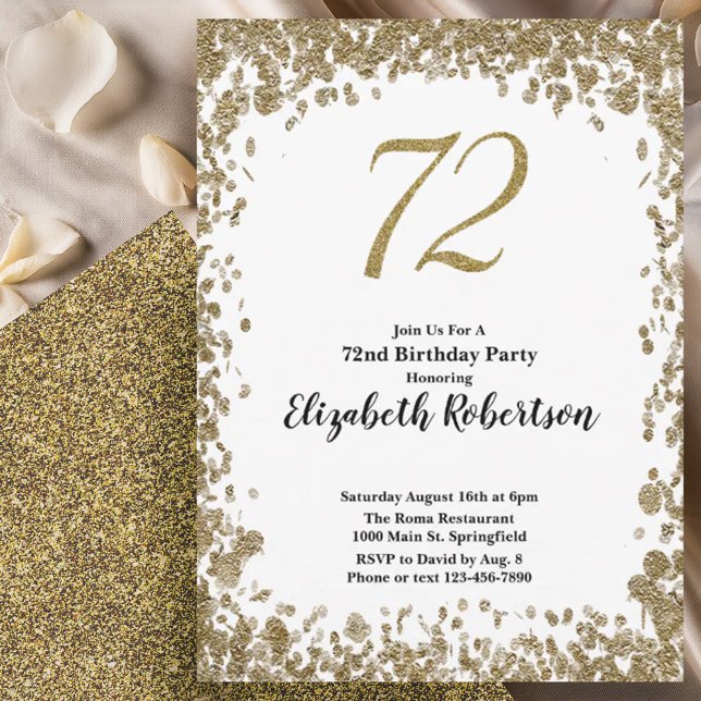 Elegant 72nd Birthday Invitation With Gold Sequins Inbjudningar (Skapare uppladdad)