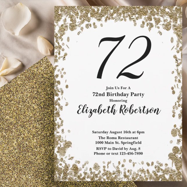 Elegant 72nd Birthday Invitation With Gold Sequins Inbjudningar (Skapare uppladdad)