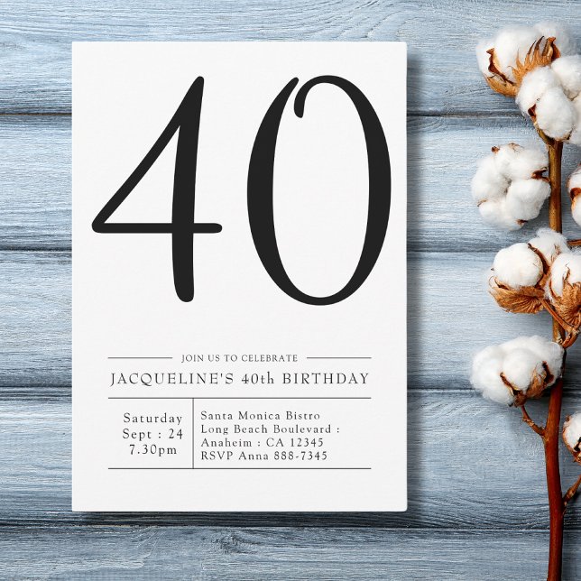 Elegant 74 40:e födelsedagen Simple Party Inbjudningar (Modern black and white 40th birthday invitation on blue wood background.)