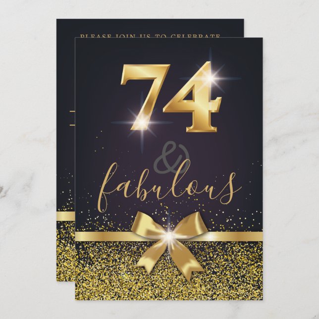 Elegant 74 & Fabulous Guld Glitter 74:e födelsedag Inbjudningar (Fram/baksida)