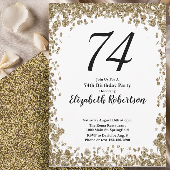 Elegant 74th Birthday Invitation With Gold Sequins Inbjudningar (Skapare uppladdad)