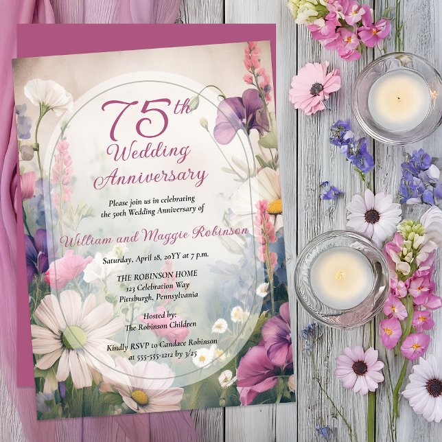 Elegant 75-års bröllopsjubileumsfest blomster inbjudningar (Elegant 75th Wedding Anniversary Invitation with Soft Spring Florals and Arch Frame -Print | Digital)