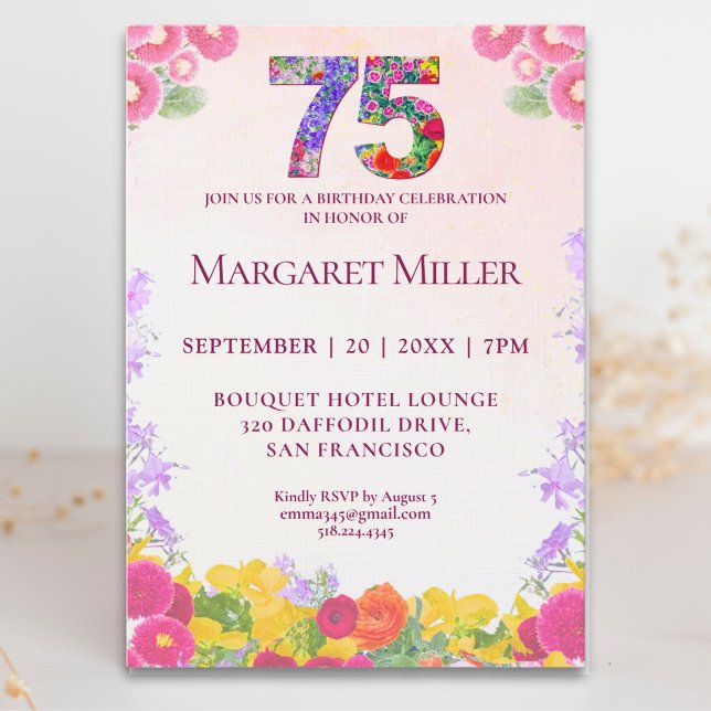 Elegant 75-års födelsedagsfest med blommor inbjudningar (Skapare uppladdad)