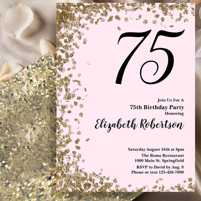 Elegant 75-års födelsedagsinbjudan Rosa Guld Glitt Inbjudningar (Skapare uppladdad)
