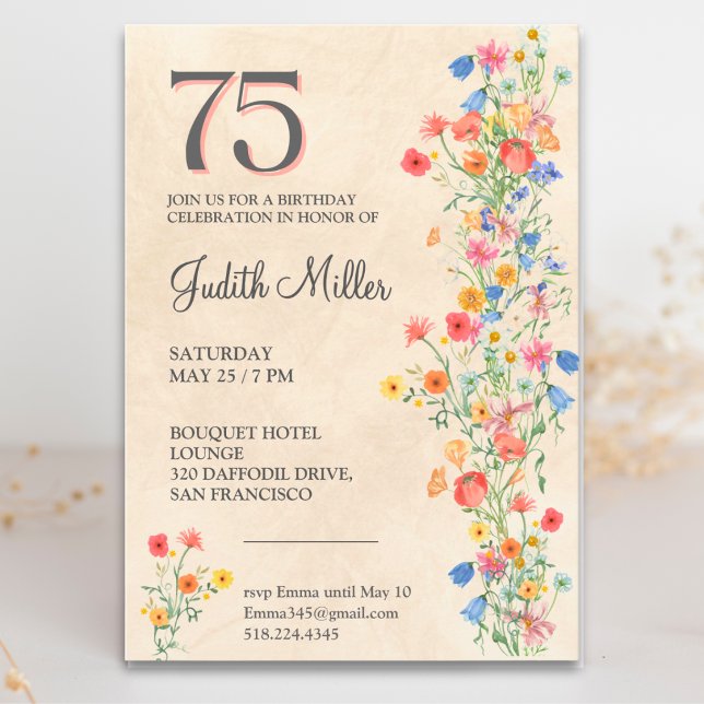 Elegant 75-årsdag – Blommig festdesign Inbjudningar (Skapare uppladdad)