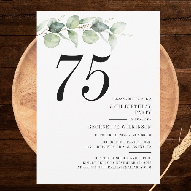 Elegant 75-årsfest inbjudningar (Elegant Eucalyptus Minimalist 75th Birthday Party Invitation)