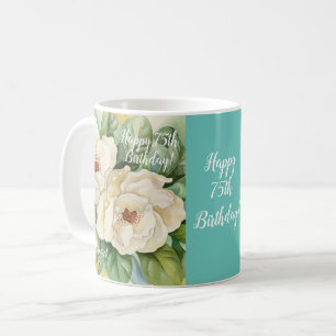Elegant 75:e Birthday Teal Blommigt Magnolia Namn Kaffemugg