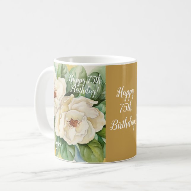 Elegant 75:e födelsedag Blommigt Magnolia Namn Kaffemugg (Framsida vänster)