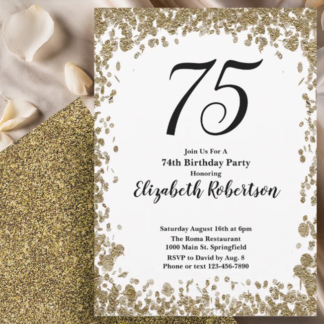 Elegant 75th Birthday Invitation With Gold Sequins Inbjudningar (Skapare uppladdad)