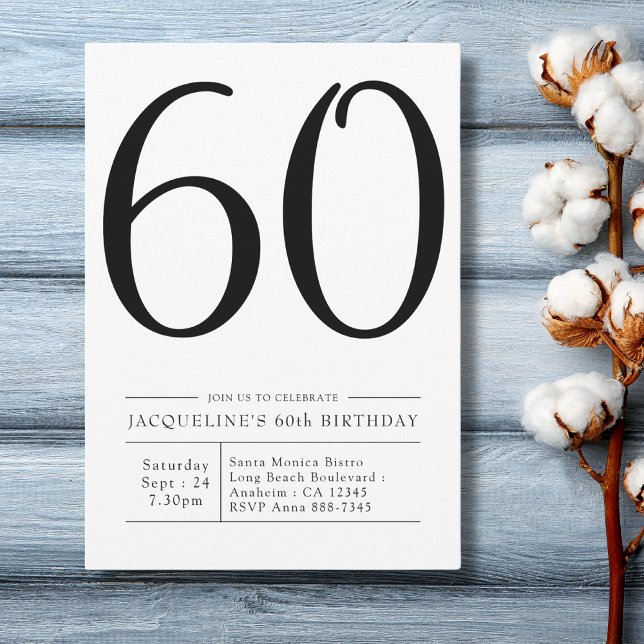 Elegant 760:e födelsedagen Simple Party Inbjudningar (Modern 60th Birthday Party Invitation in black and white on a blue wood plank background.)