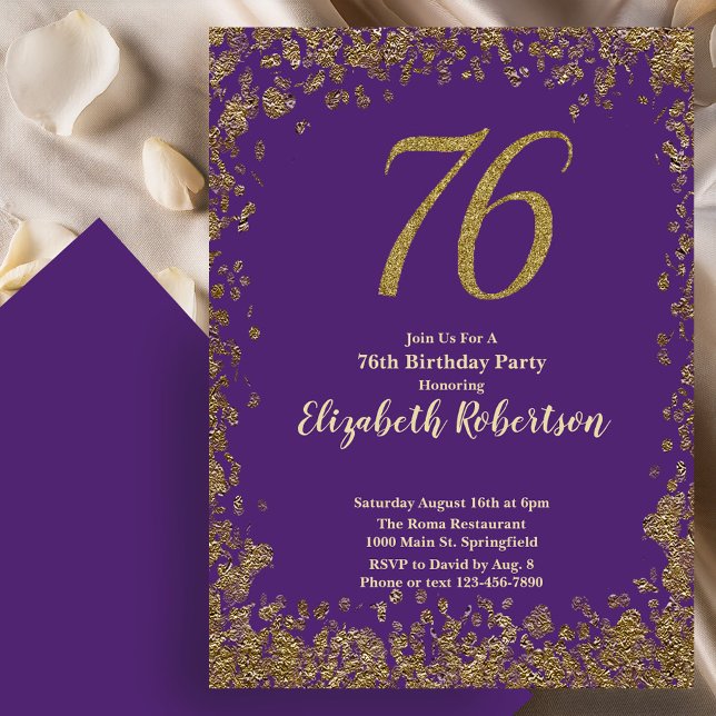 Elegant 76-års födelsedag i lila och guld inbjudningar (Skapare uppladdad)