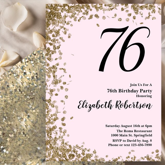 Elegant 76-års födelsedagsinbjudan Rosa Guld Glitt Inbjudningar (Skapare uppladdad)