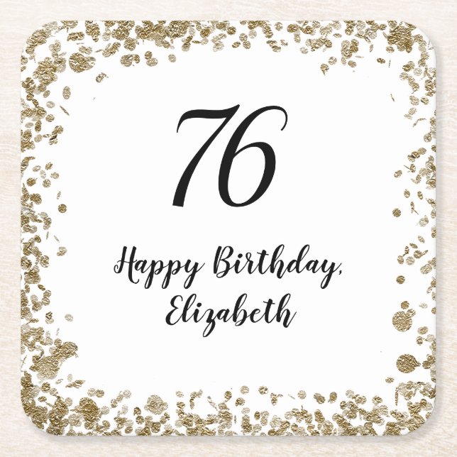 Elegant 76th Birthday Coasters With Gold Sequins Underlägg Papper Kvadrat (Framsidan)