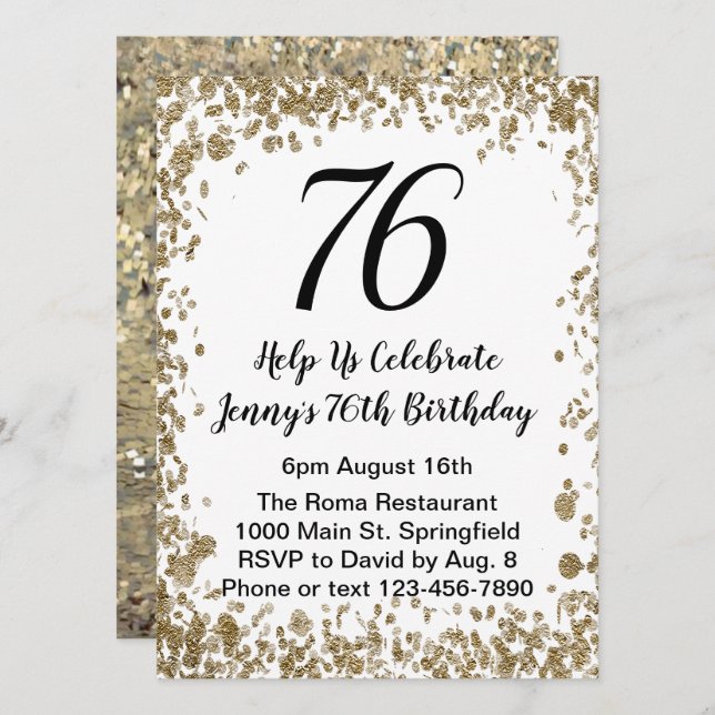 Elegant 76th Birthday Invitation in black and gold Inbjudningar (Fram/baksida)