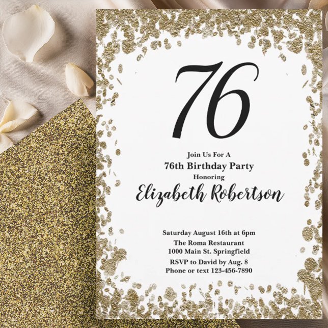 Elegant 76th Birthday Invitation With Gold Sequins Inbjudningar (Skapare uppladdad)