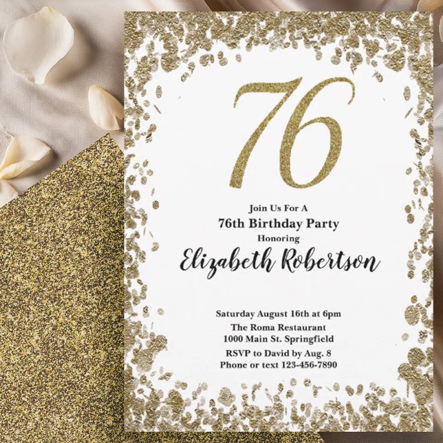 Elegant 76th Birthday Invitation With Gold Sequins Inbjudningar (Skapare uppladdad)
