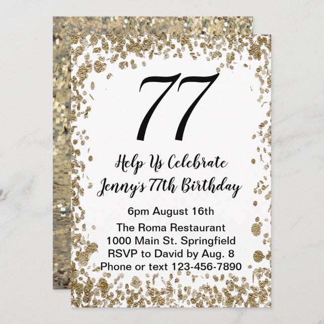Elegant 77th Birthday Invitation in black and gold Inbjudningar (Fram/baksida)