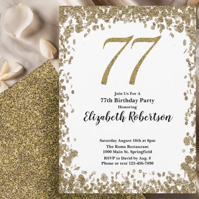 Elegant 77th Birthday Invitation With Gold Sequins Inbjudningar (Skapare uppladdad)