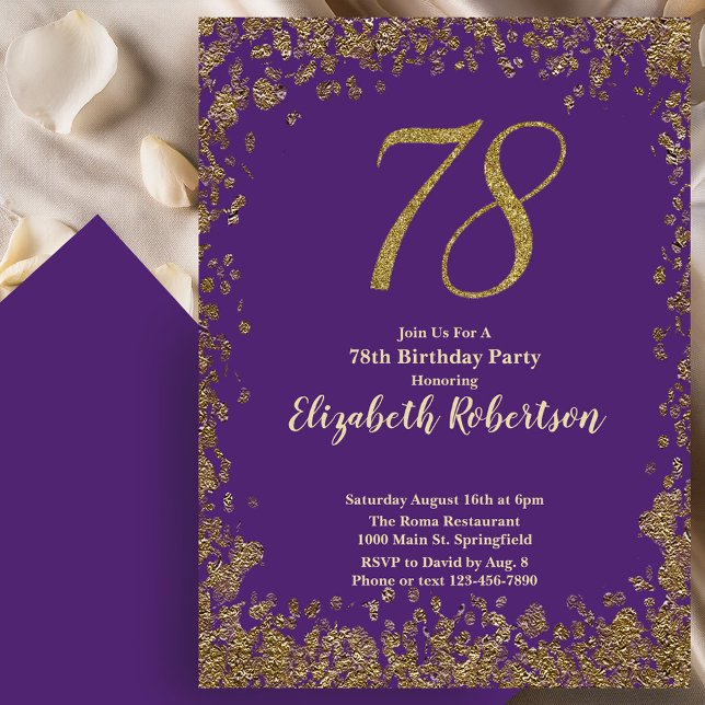 Elegant 78-års födelsedag i lila och guld inbjudningar (Skapare uppladdad)