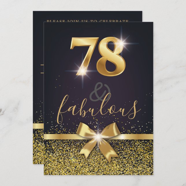 Elegant 78 & Fabulous Guld Glitter 78:e födelsedag Inbjudningar (Fram/baksida)