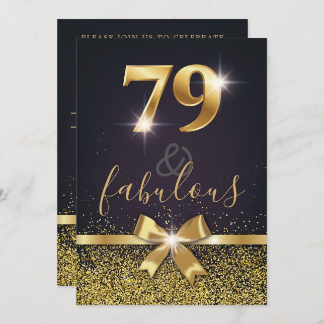 Elegant 79 & Fabulous Guld Glitter 79:e födelsedag Inbjudningar (Fram/baksida)