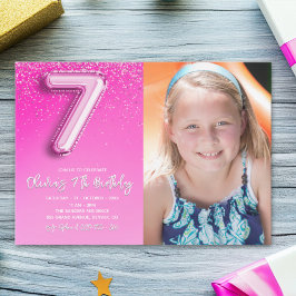 Elegant 7th Birthday girl with photo Numer Ballon Inbjudningar
