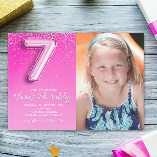 Elegant 7th Birthday girl with photo Numer Ballon Inbjudningar (Skapare uppladdad)