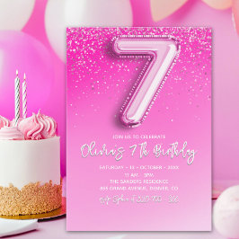Elegant 7th Birthday Girl with Pink Number Balloon Inbjudningar