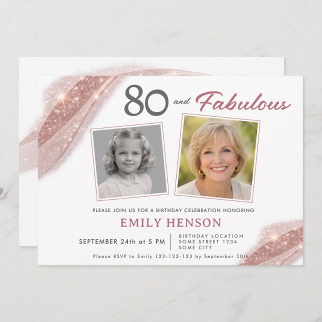 Elegant 80 and Fabulous Rose Gold Photo Birthday Inbjudningar (Fram/baksida)