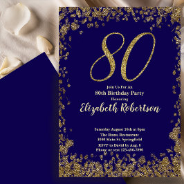 Elegant 80-års Blå Födelsedagsinbjudan Guld Glitte Inbjudningar