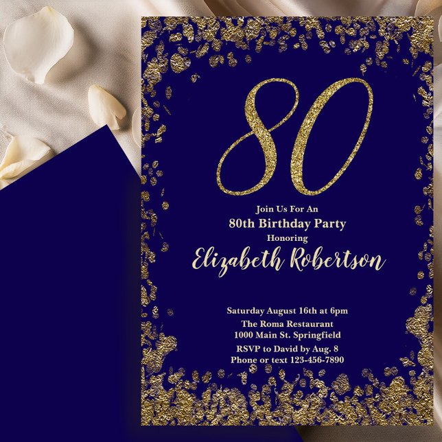 Elegant 80-års Blå Födelsedagsinbjudan Guld Glitte Inbjudningar (Skapare uppladdad)