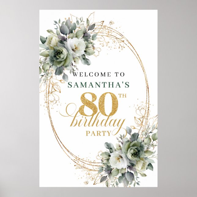 Elegant 80-års Boho Grönska Guld Välkomstskylt Poster (Framsidan)