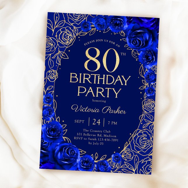 Elegant 80-års födelsedag Royalblå Guld Blommig Inbjudningar (Skapare uppladdad)