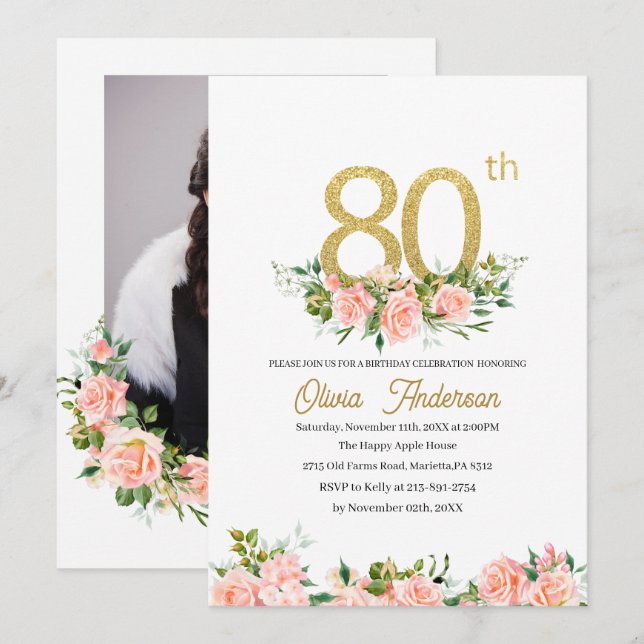 Elegant 80-års födelsedagsfirande Vattenfärg Glitt Inbjudningar (Fram/baksida)