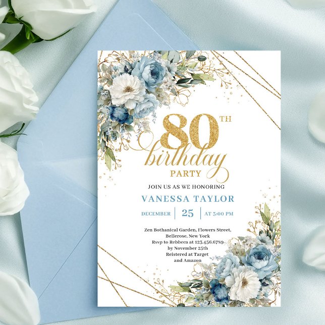 Elegant 80-års födelsedagsinbjudan Dammtorpsblå bl Inbjudningar (Elegant 80th Birthday Invite Dusty Blue Flowers Gold)