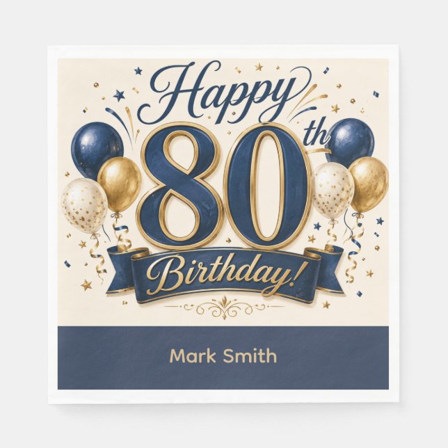 Elegant 80-års födelsedagskort Navyblå och Guld  Pappersservett (Framsidan)