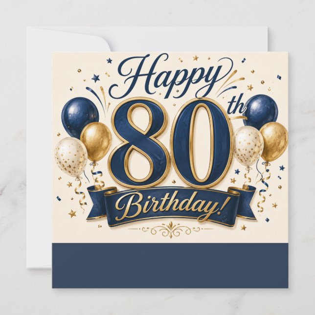 Elegant 80-års födelsedagskort Navyblått och Guld  Kort (Framsida)