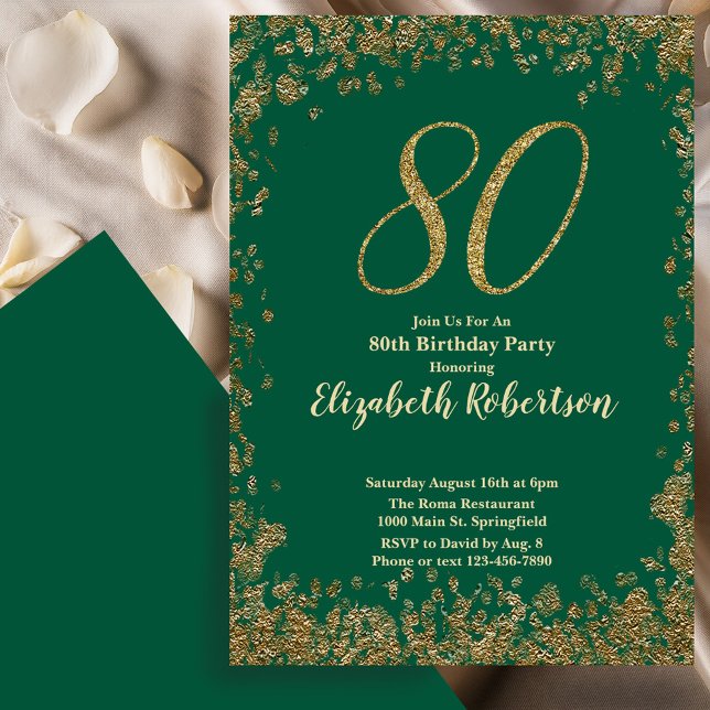 Elegant 80-års grön födelsedagsinbjudan Guldsequin Inbjudningar (Skapare uppladdad)