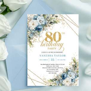 Elegant 80-års inbjudan Dammig blå blommor