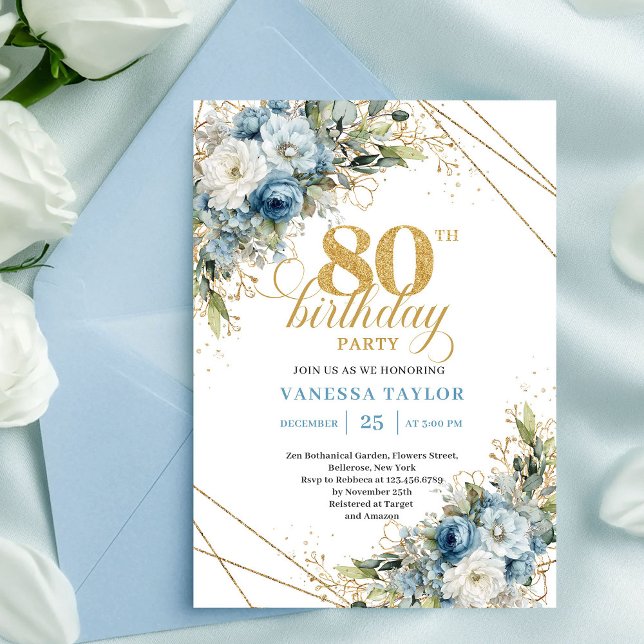 Elegant 80-års inbjudan Dammig blå blommor (Celebrate a milestone in style with this boho 80th birthday invitation, featuring watercolor dusty b)