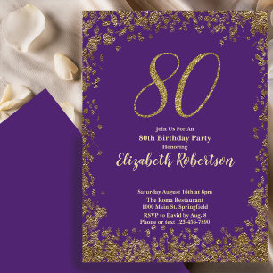 Elegant 80-års lila födelsedagsinbjudan Guld Inbjudningar