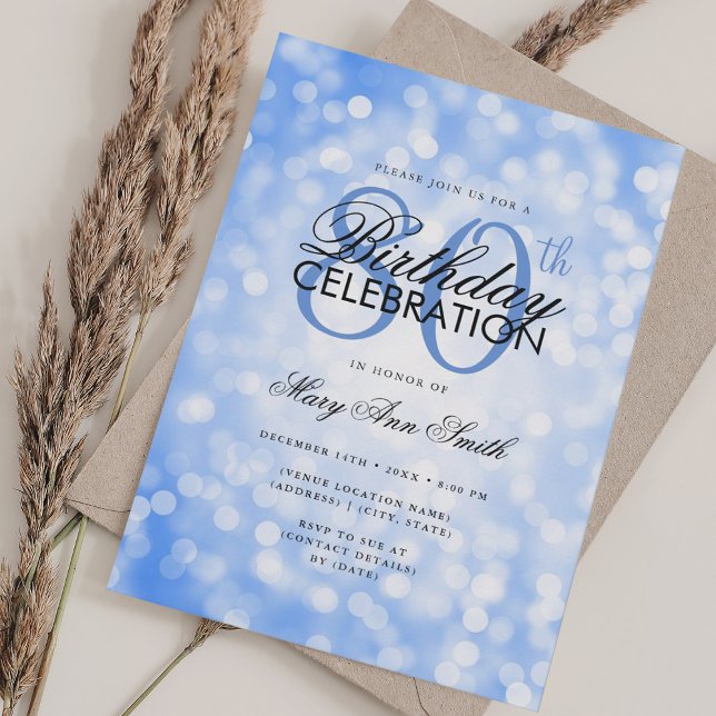 Elegant 80-årsdag Glam Navy Blå Shimmer Ljus Inbjudningar (Elegant 80th Birthday Glam Navy Blue Shimmer Light Invitation)