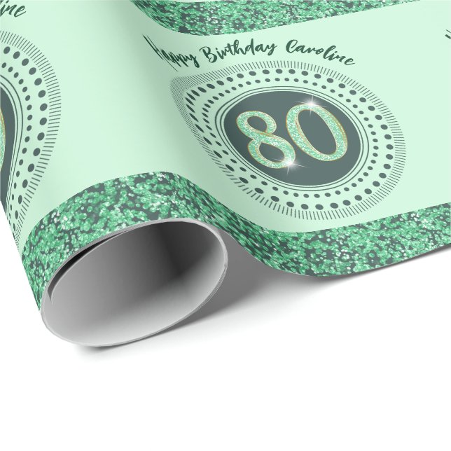 Elegant 80-årsdag Grön Glitter med Ränder Presentpapper (Rullad Hörn)