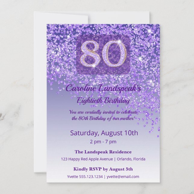 Elegant 80-årsdag Lila Glitter  Inbjudningar (Framsida)