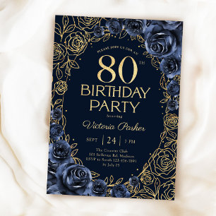 Elegant 80-årsdag Navyblå & Guld Blommig Inbjudningar
