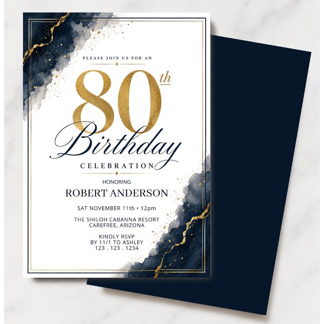 Elegant 80-årsdag Navyblå Guld Inbjudningar (Skapare uppladdad)