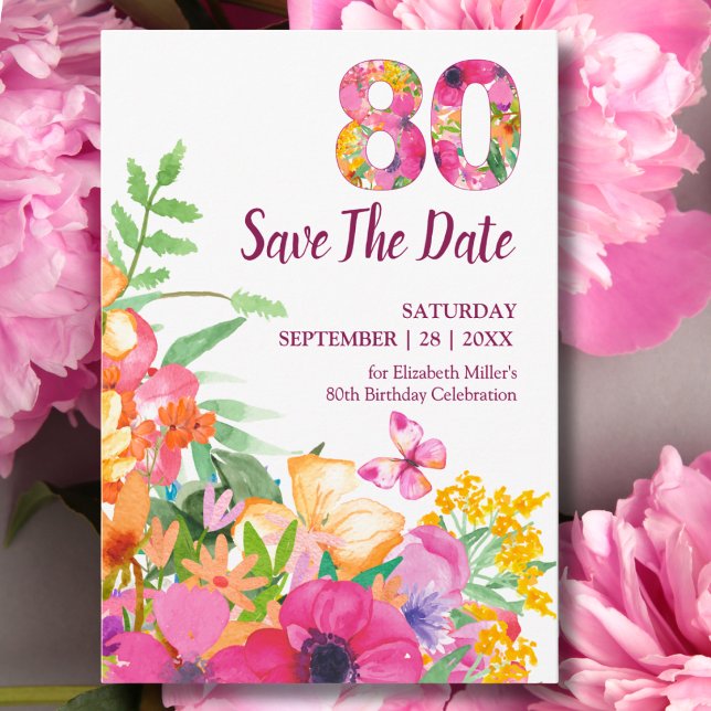 Elegant 80-årsdag Rosa Fjäril Blommor Spara Datumet (Skapare uppladdad)