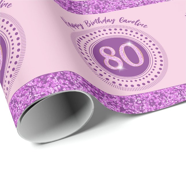 Elegant 80-årsdag Rosa Glitter med Ränder Presentpapper (Rullad Hörn)