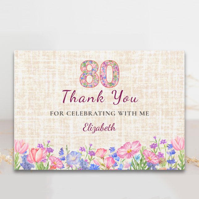 Elegant 80-årsdag Tack för henne - Rosa blommor Kort (Skapare uppladdad)